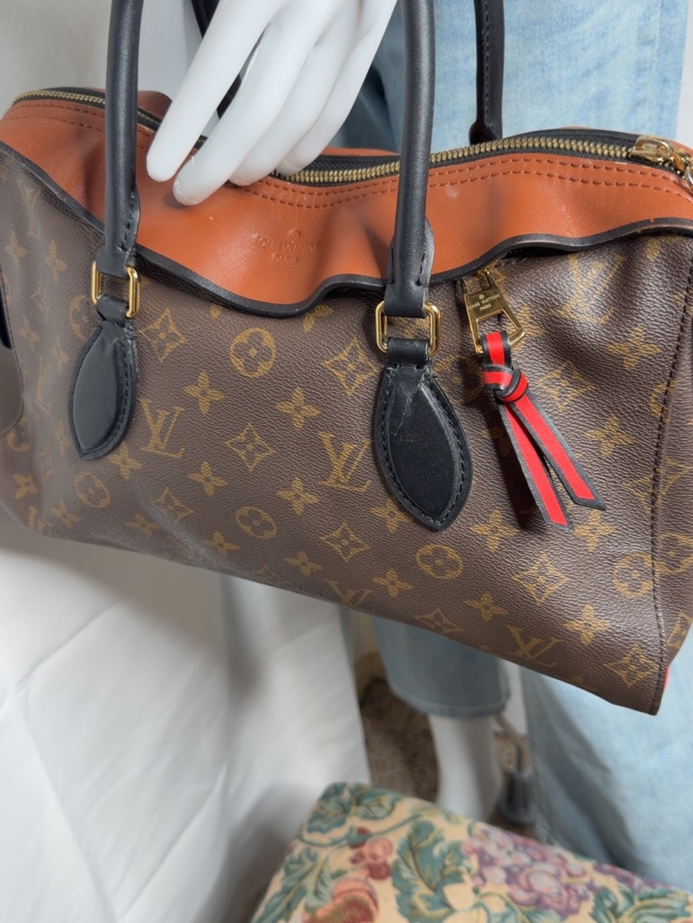 Louis Vuitton Brown Monogram Satchel with Black Handles and Red Accent